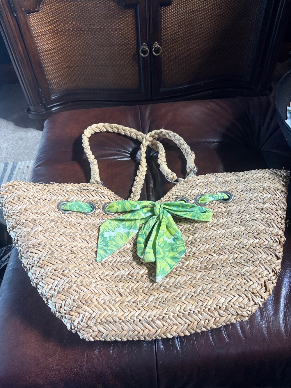 Woven Straw Tote with Green Scarf Accent